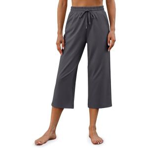 imageG4Free Wide Leg Pants for Women Yoga Capris with Pockets Drawstring Casual Cropped Pants for SummerDeep Grey