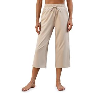 imageG4Free Wide Leg Pants for Women Yoga Capris with Pockets Drawstring Casual Cropped Pants for SummerLight Khaki
