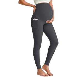 imageG4Free BareFeel Maternity Leggings with Pockets Over The Belly Stretchy Workout Yoga Pregnancy PantsDark Gray