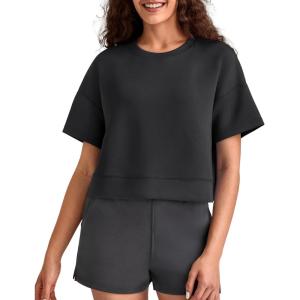 imageG4Free Smoofit Modal Soft Boxy Tee Shirts for Women Short Sleeve Drop Shoulder Crew Neck Basic Tops Casual LoungeBlack