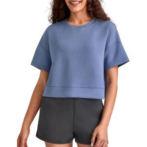 imageG4Free Smoofit Modal Soft Boxy Tee Shirts for Women Short Sleeve Drop Shoulder Crew Neck Basic Tops Casual LoungeDenim Blue