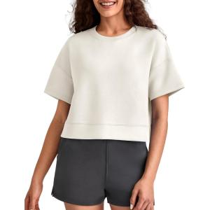 imageG4Free Smoofit Modal Soft Boxy Tee Shirts for Women Short Sleeve Drop Shoulder Crew Neck Basic Tops Casual LoungeIvory
