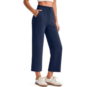 imageG4Free Smoofit Modal Soft Women Wide Leg Capris Pants Adjustable Shockcord High Waist Casual Cropped Sweatpants with PocketsDeep Navy
