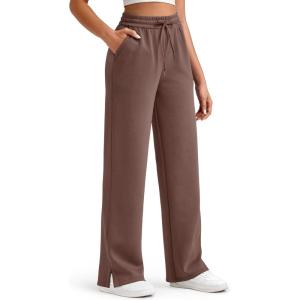 imageG4Free Smoofit Modal Soft Womens Wide Leg Sweatpants High Waisted Drawstring Side Slit Casual Lounge Pants with PocketsCoffee Brown