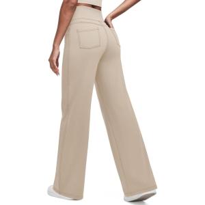 imageG4Free Womens Wide Leg Pants Casual High Waisted Yoga Pants with 4 Pockets StretchLight Khaki