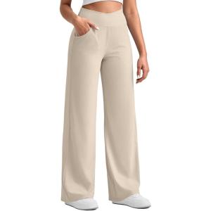 imageG4Free Breathable Ribbed Wide Leg Pants Women Casual Lightweight High Waist Yoga Pants with Pockets PetiteRegularTallLight Khaki