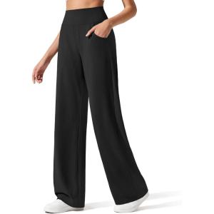 imageG4Free Breathable Ribbed Wide Leg Yoga Pants Women High Waist Lightweight Casual Trousers with PocketsBlack