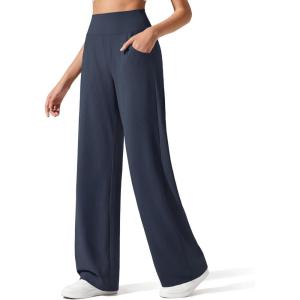 imageG4Free Breathable Ribbed Wide Leg Yoga Pants Women High Waist Lightweight Casual Trousers with PocketsDark Blue