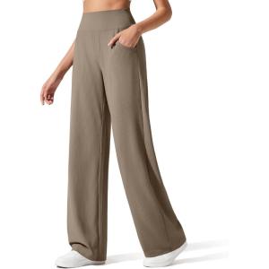 imageG4Free Breathable Ribbed Wide Leg Yoga Pants Women High Waist Lightweight Casual Trousers with PocketsDark Brown