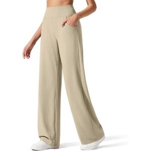 imageG4Free Breathable Ribbed Wide Leg Yoga Pants Women High Waist Lightweight Casual Trousers with PocketsDirty Latte