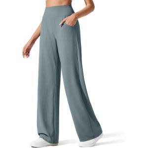 imageG4Free Breathable Ribbed Wide Leg Yoga Pants Women High Waist Lightweight Casual Trousers with PocketsGray Blue