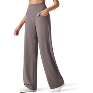 imageG4Free Breathable Ribbed Wide Leg Yoga Pants Women High Waist Lightweight Casual Trousers with PocketsTaupe