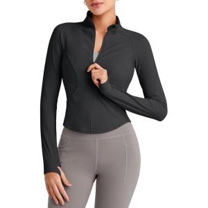 imageG4Free Workout Jackets for Woman BareFeel Cropped Zip Up Athletic Running Jacket Slim Fit Yoga Tops with Thumb HolesBlack