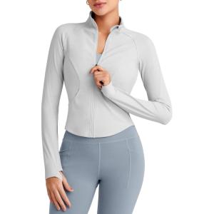 imageG4Free Workout Jackets for Woman BareFeel Cropped Zip Up Athletic Running Jacket Slim Fit Yoga Tops with Thumb HolesLight Gray