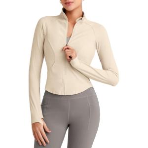 imageG4Free Workout Jackets for Woman BareFeel Cropped Zip Up Athletic Running Jacket Slim Fit Yoga Tops with Thumb HolesLight Khaki