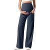 imageG4Free Ribbed Maternity Yoga Pants with Pockets Over The Belly Wide Leg Casual Pregnancy Lounge TrousersDark Navy