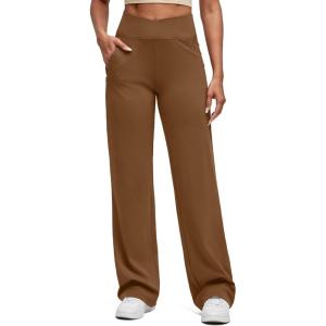imageG4Free BareFeel High Stretch Women Wide Leg Yoga Pants Cross Waist Casual Trousers with Zipper Pockets 29quot31quot33quotDark Coffee