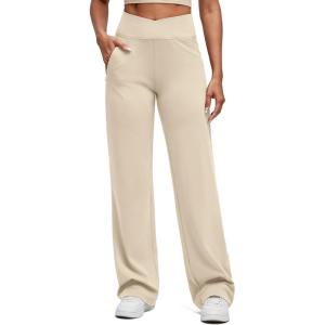 imageG4Free BareFeel High Stretch Women Wide Leg Yoga Pants Cross Waist Casual Trousers with Zipper Pockets 29quot31quot33quotLight Khaki