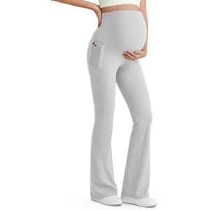 imageG4Free BareFeel Maternity Flare Leggings with Pockets Over The Belly Stretchy Casual Lounge Pregnancy Dress Pants for WorkLight Gray