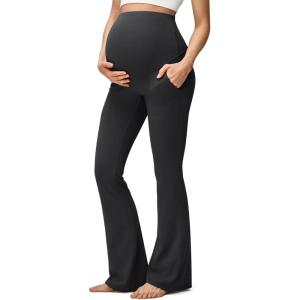 imageG4Free BareFeel Maternity Flare Leggings with Pockets Over The Belly Yoga Pregnancy Casual Dress Pants for WorkBlack