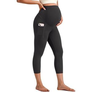 imageG4Free BareFeel Maternity Leggings with Pockets Over The Belly Stretchy Workout Yoga Pregnancy Capri PantsBlack
