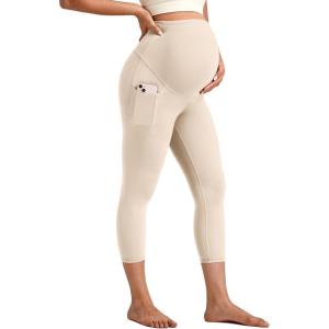 imageG4Free BareFeel Maternity Leggings with Pockets Over The Belly Stretchy Workout Yoga Pregnancy Capri PantsLight Khaki