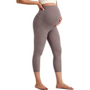imageG4Free BareFeel Maternity Leggings with Pockets Over The Belly Stretchy Workout Yoga Pregnancy Capri PantsTaupe