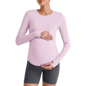 imageG4Free BareFeel Maternity Long Sleeve T Shirts Crewneck Ruches Pregnancy Workout Tops with Thumbholes Altheltic Yoga TeeBlush