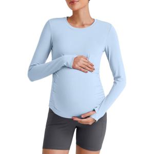 imageG4Free BareFeel Maternity Long Sleeve T Shirts Crewneck Ruches Pregnancy Workout Tops with Thumbholes Altheltic Yoga TeeLight Denim