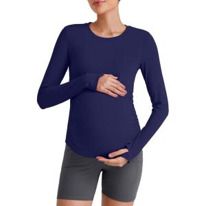 imageG4Free BareFeel Maternity Long Sleeve T Shirts Crewneck Ruches Pregnancy Workout Tops with Thumbholes Altheltic Yoga TeeRoyal Blue