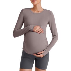 imageG4Free BareFeel Maternity Long Sleeve T Shirts Crewneck Ruches Pregnancy Workout Tops with Thumbholes Altheltic Yoga TeeTaupe