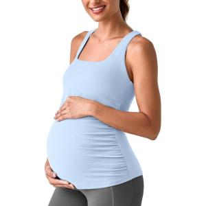 imageG4Free BareFeel Maternity Racerback Tank Tops with Built in Bra Ruched Sleeveless Square Neck Pregnancy Yoga Workout ShirtsLight Denim