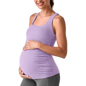 imageG4Free BareFeel Maternity Racerback Tank Tops with Built in Bra Ruched Sleeveless Square Neck Pregnancy Yoga Workout ShirtsLight Purple