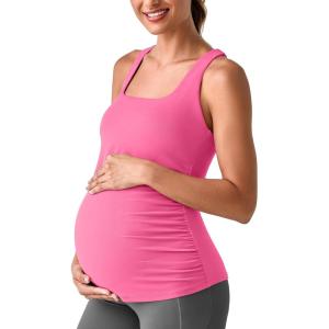 imageG4Free BareFeel Maternity Racerback Tank Tops with Built in Bra Ruched Sleeveless Square Neck Pregnancy Yoga Workout ShirtsRosy Pink