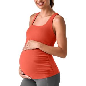 imageG4Free BareFeel Maternity Racerback Tank Tops with Built in Bra Ruched Sleeveless Square Neck Pregnancy Yoga Workout ShirtsRust Orange