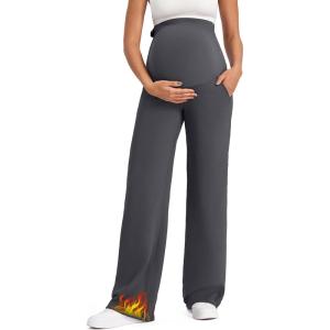 imageG4Free Fleece Lined Maternity Yoga Pants Over The Belly Stretchy Wide Leg Warm Pregnancy Work Trousers with PocketsDark Gray