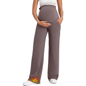 imageG4Free Fleece Lined Maternity Yoga Pants Over The Belly Stretchy Wide Leg Warm Pregnancy Work Trousers with PocketsTaupe