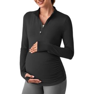 imageG4Free Lightweight Maternity Long Sleeve Workout Tops UPF 50 Rash Guard Half Zip Sun Shirts Ruches Pregnancy PulloverBlack