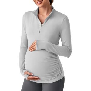 imageG4Free Lightweight Maternity Long Sleeve Workout Tops UPF 50 Rash Guard Half Zip Sun Shirts Ruches Pregnancy PulloverGray
