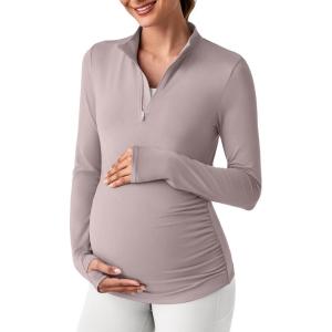 imageG4Free Lightweight Maternity Long Sleeve Workout Tops UPF 50 Rash Guard Half Zip Sun Shirts Ruches Pregnancy PulloverGray Lilac