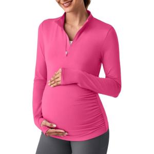 imageG4Free Lightweight Maternity Long Sleeve Workout Tops UPF 50 Rash Guard Half Zip Sun Shirts Ruches Pregnancy PulloverHot Pink