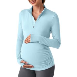 imageG4Free Lightweight Maternity Long Sleeve Workout Tops UPF 50 Rash Guard Half Zip Sun Shirts Ruches Pregnancy PulloverLight Blue