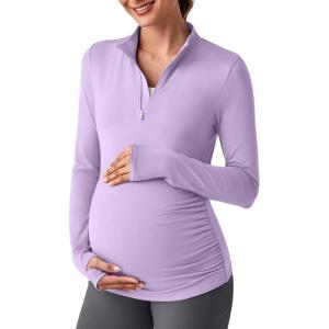imageG4Free Lightweight Maternity Long Sleeve Workout Tops UPF 50 Rash Guard Half Zip Sun Shirts Ruches Pregnancy PulloverPurple