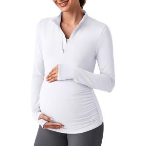 imageG4Free Lightweight Maternity Long Sleeve Workout Tops UPF 50 Rash Guard Half Zip Sun Shirts Ruches Pregnancy PulloverWhite