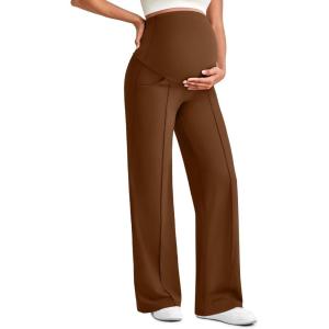 imageG4Free Maternity Dress Yoga Pants with Pockets Over The Belly Stretchy Work Slack Pregnancy Wide Leg Lounge TrousersDark Coffee