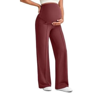 imageG4Free Maternity Dress Yoga Pants with Pockets Over The Belly Stretchy Work Slack Pregnancy Wide Leg Lounge TrousersWine