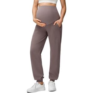 imageG4Free Maternity Pants Stretchy Workout Lounge Pants Over The Belly Pregnancy Joggers with PocketsTaupe