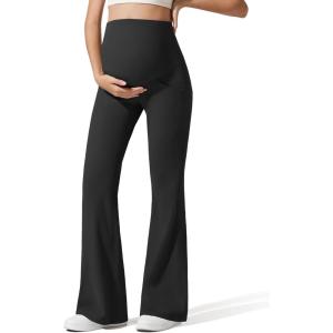 imageG4Free Ribbed Maternity Flare Yoga Pants with Pockets Over The Belly Pregnancy Bell Bottom LeggingsBlack