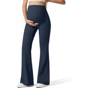 imageG4Free Ribbed Maternity Flare Yoga Pants with Pockets Over The Belly Pregnancy Bell Bottom LeggingsDark Navy