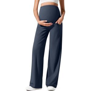 imageG4Free Ribbed Maternity Yoga Pants with Pockets Over The Belly Wide Leg Casual Pregnancy Lounge TrousersDark Navy
